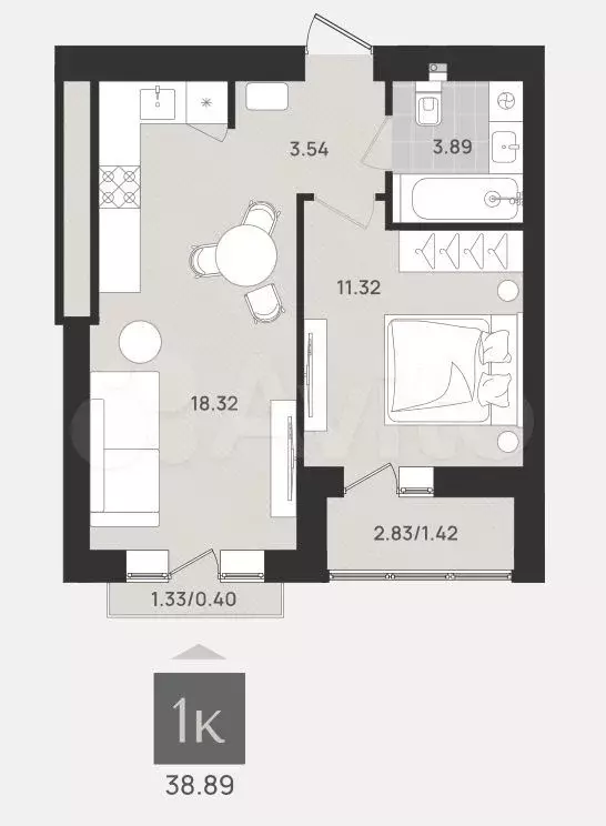 1-к. квартира, 38,9 м, 9/9 эт. - Фото 1