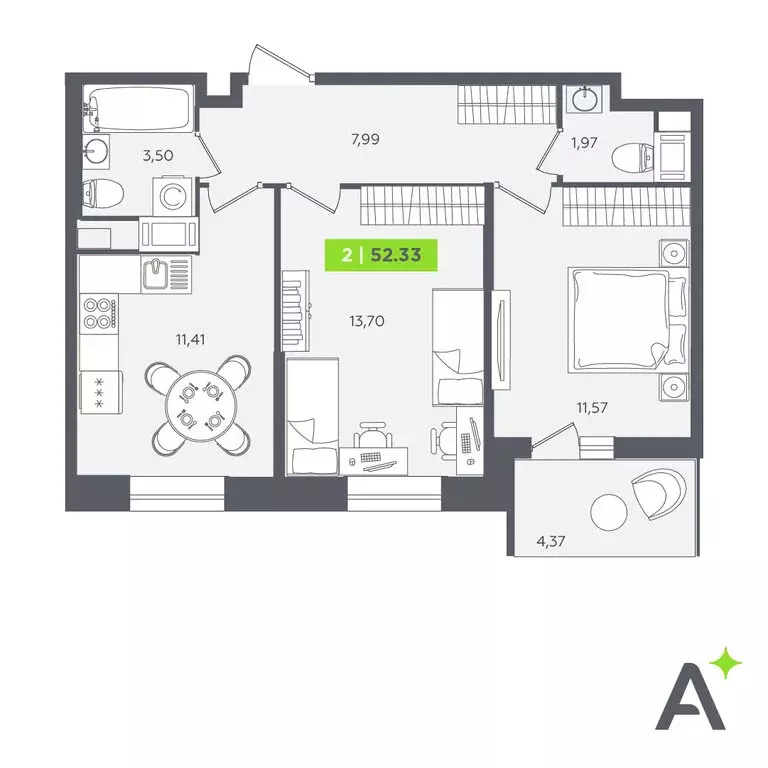 2-комнатная квартира: Кудрово, жилой комплекс Аквилон Сторис-2 (52.33 ... - Фото 1