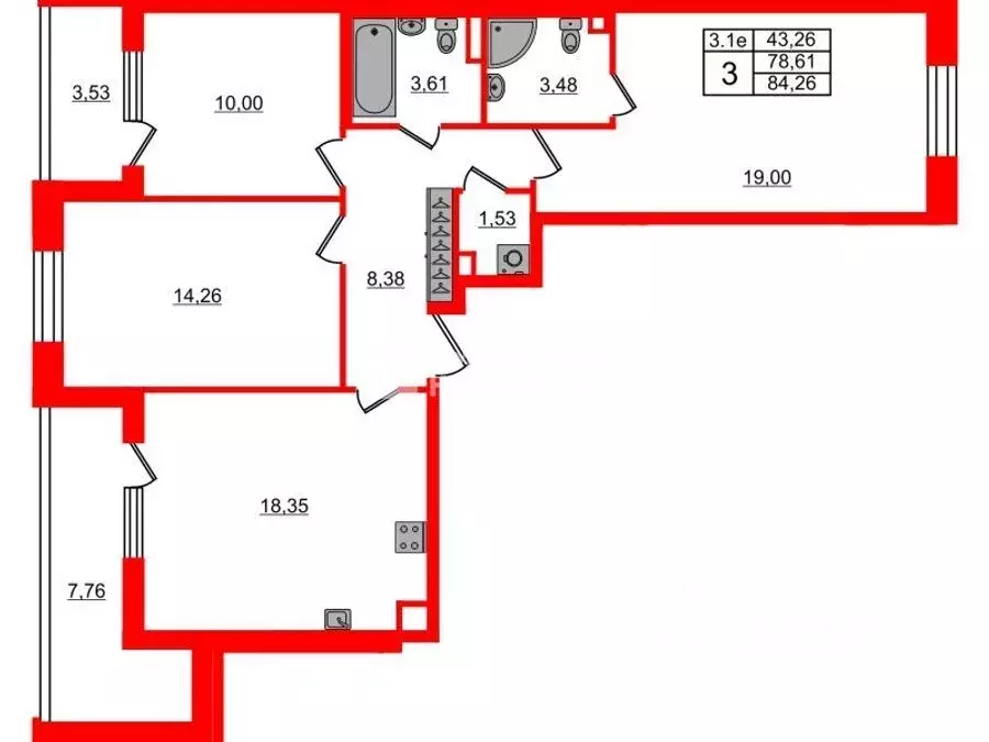 3-к кв. Санкт-Петербург Пулковское ш., 109к4 (77.1 м) - Фото 1