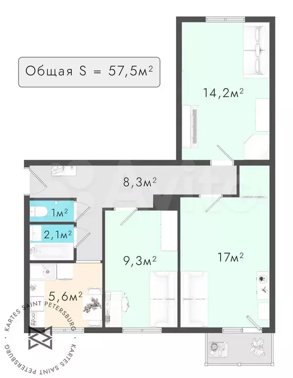 3-к. квартира, 57,5 м, 3/9 эт. - Фото 0