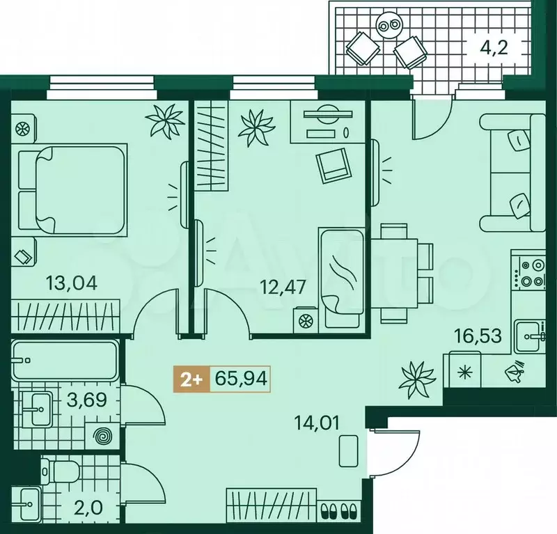 2-к. квартира, 65,9 м, 7/9 эт. - Фото 0