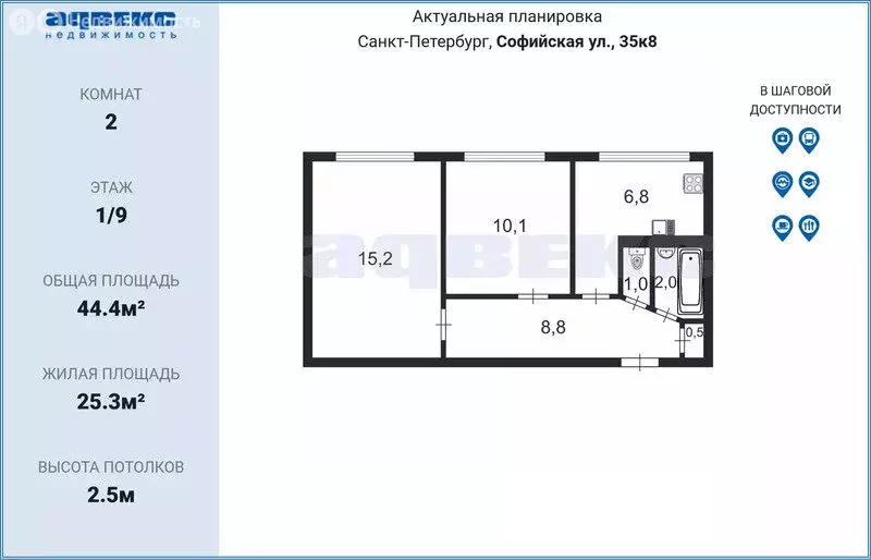 2-комнатная квартира: Санкт-Петербург, Софийская улица, 35к8 (44.4 м) - Фото 1