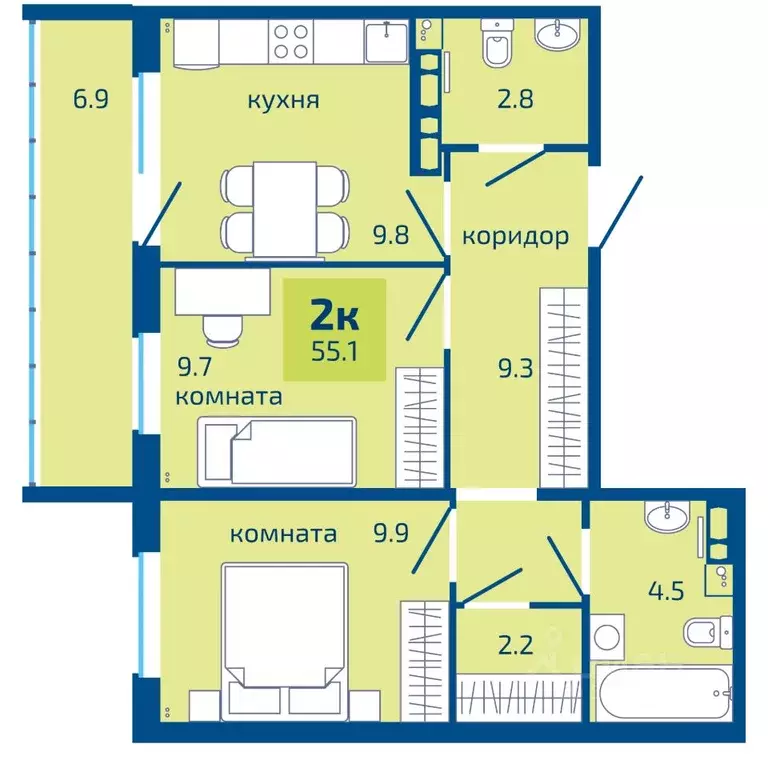 2-к кв. Пермский край, Пермь ул. Старшего Лейтенанта Гачегова (55.1 м) - Фото 0