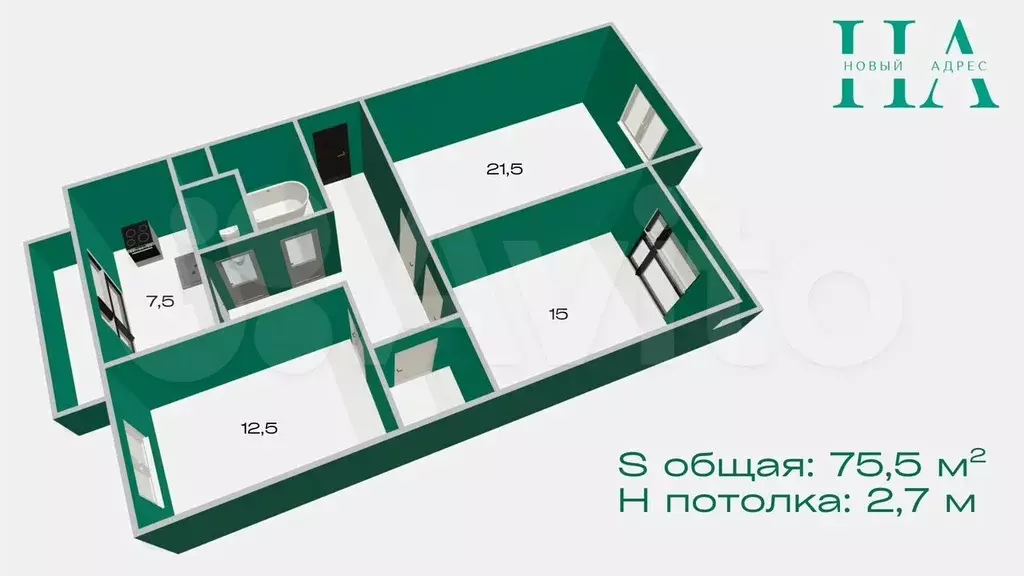 3-к. квартира, 75,5 м, 4/4 эт. - Фото 0