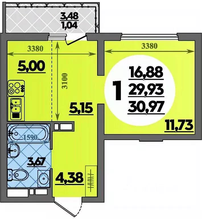 Студия Адыгея, Майкоп  (30.97 м) - Фото 1