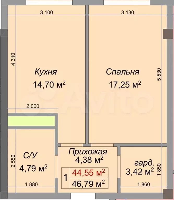 1-к. квартира, 46,8 м, 7/8 эт. - Фото 1