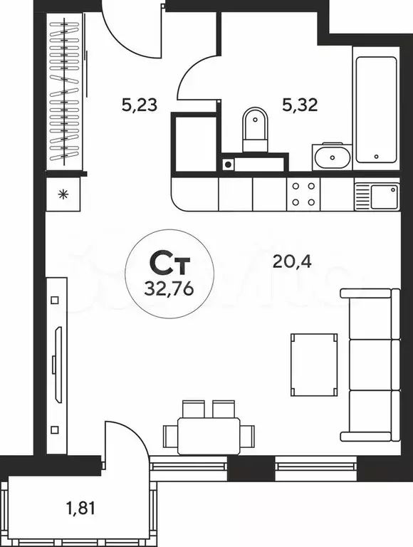 Квартира-студия, 32,7 м, 11/25 эт. - Фото 1