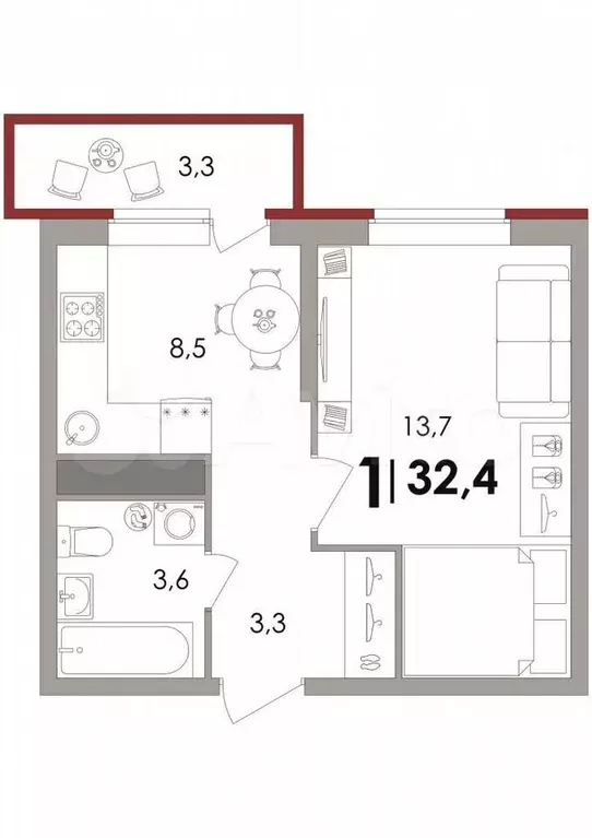 1-к. квартира, 32,4 м, 2/18 эт. - Фото 1