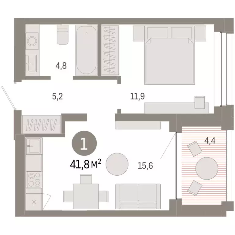 1-комнатная квартира: Тюмень, улица Муравленко, 9/2 (41.79 м) - Фото 1