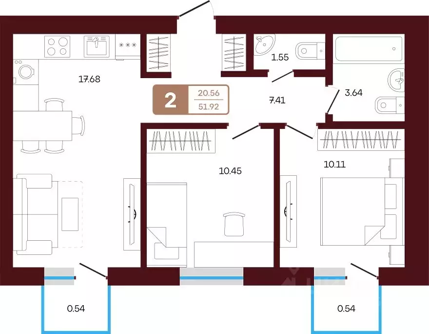 2-к кв. Башкортостан, Иглинский район, с. Акбердино  (51.92 м) - Фото 1