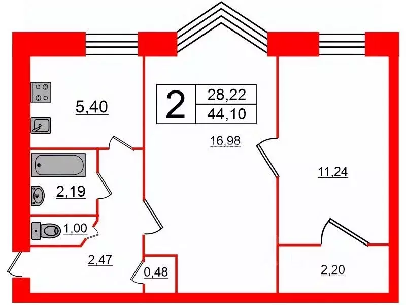 2-к кв. Санкт-Петербург Гданьская ул., 8 (44.1 м) - Фото 1