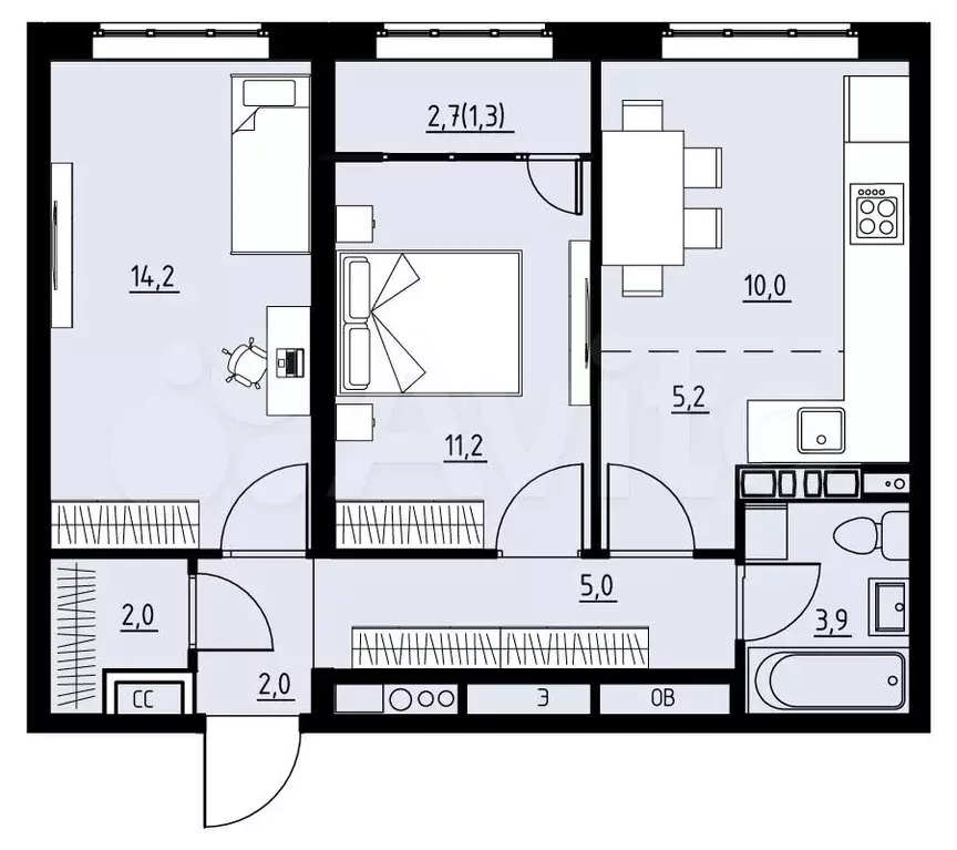 3-к. квартира, 54,8м, 4/4эт. - Фото 0