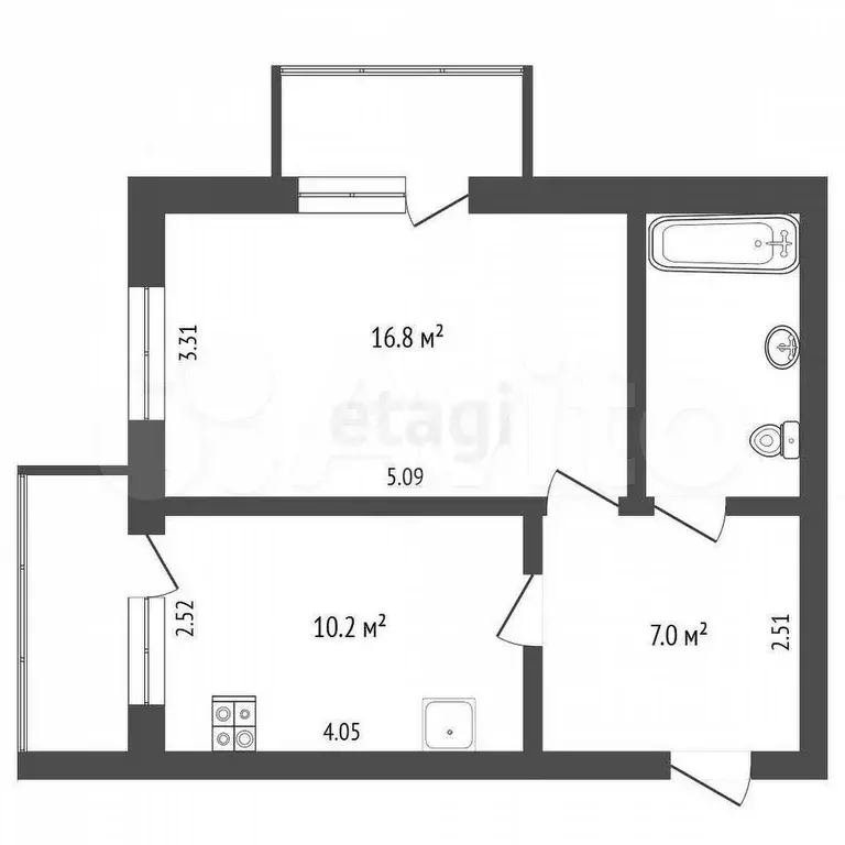 1-к. квартира, 39,8 м, 3/5 эт. - Фото 0