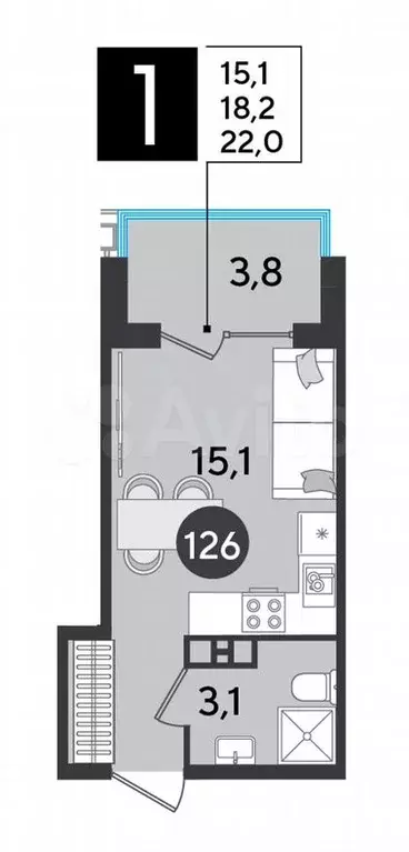 Квартира-студия, 22м, 7/9эт. - Фото 1