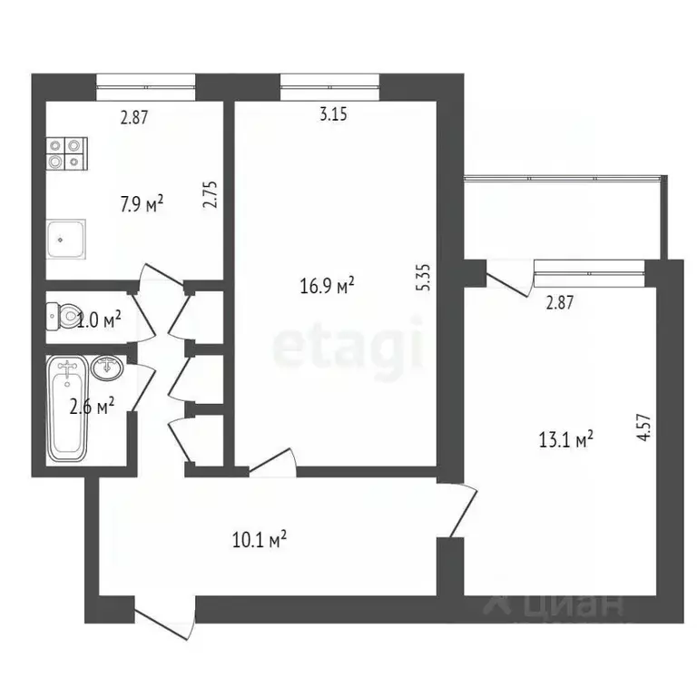 2-к кв. Ямало-Ненецкий АО, Новый Уренгой Мирный мкр, 3/4 (53.4 м) - Фото 2