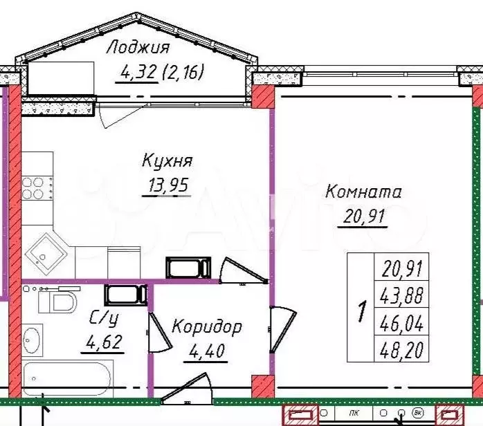 1-к. квартира, 48,2 м, 4/8 эт. - Фото 0