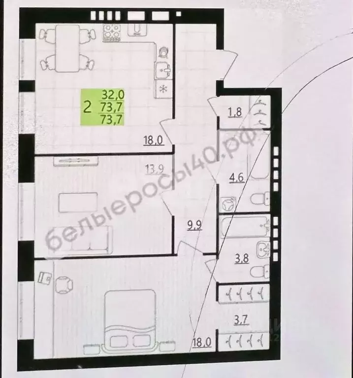 2-к кв. Калужская область, Калуга ул. Белые Росы, 3 (73.7 м) - Фото 2
