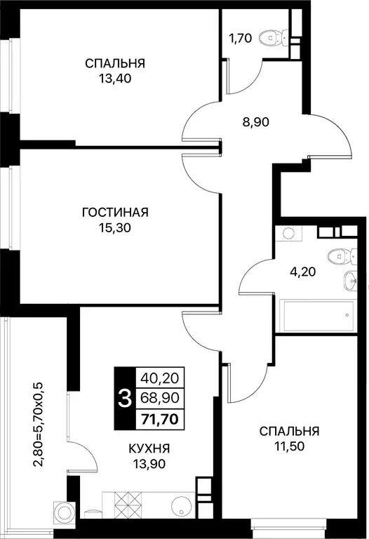 3-к квартира, 71.7 м - Фото 0