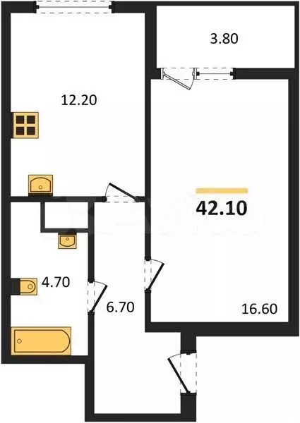 1-к. квартира, 42,1 м, 3/4 эт. - Фото 1