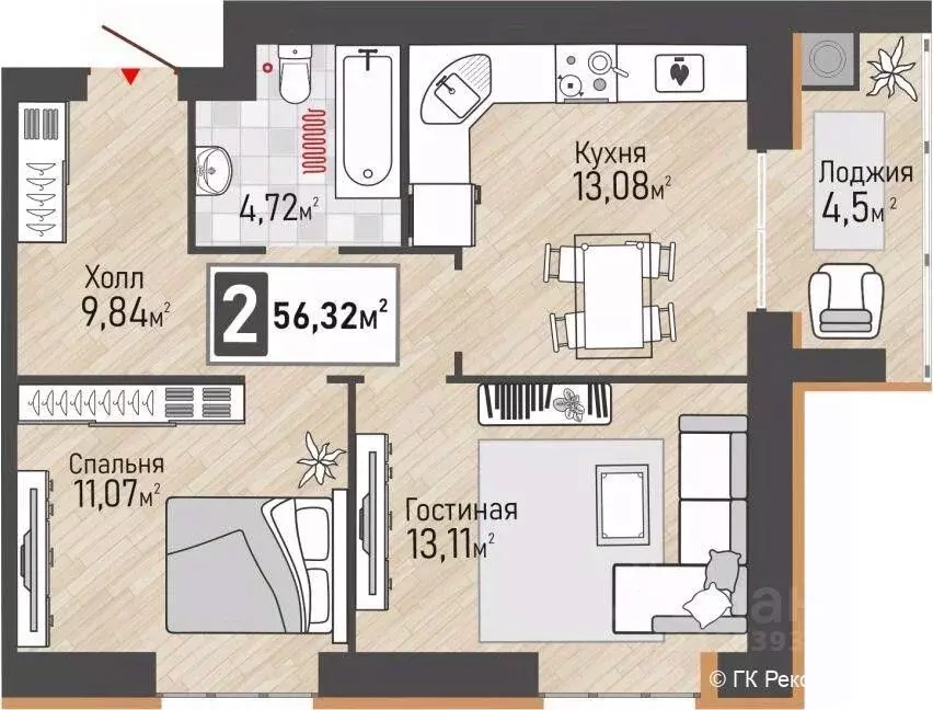 2-к кв. Рязанская область, Рыбное ул. Крымская, 15 (56.32 м) - Фото 0