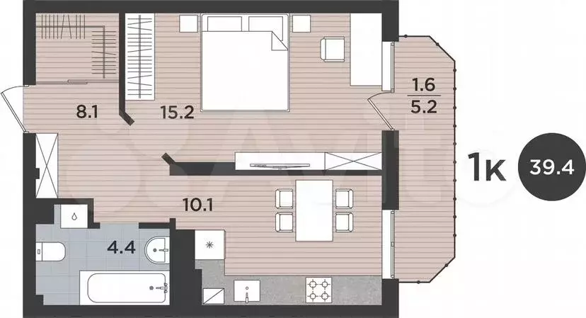 1-к. квартира, 39,4м, 8/9эт. - Фото 0