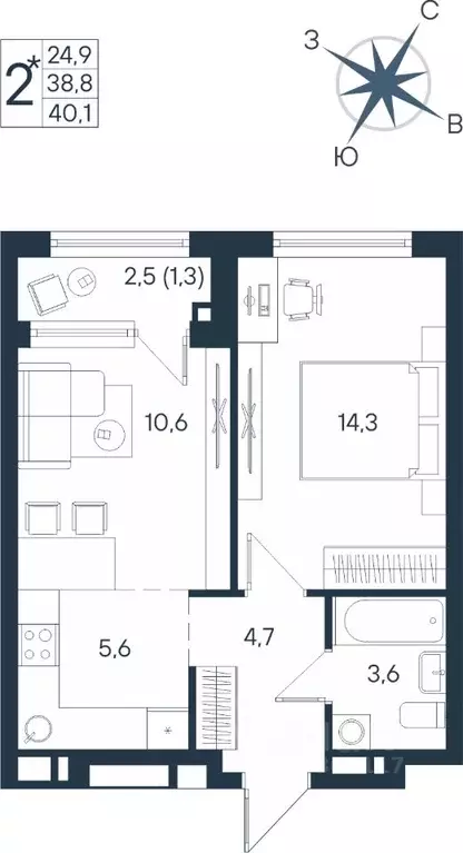 2-к кв. Пермский край, Пермь ул. Космонавта Беляева, 17 (40.1 м) - Фото 0