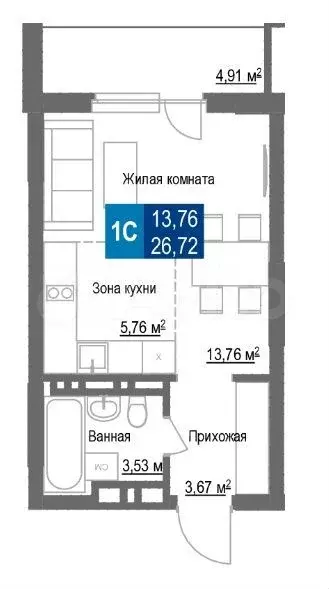 Квартира-студия, 26,7 м, 7/25 эт. - Фото 0