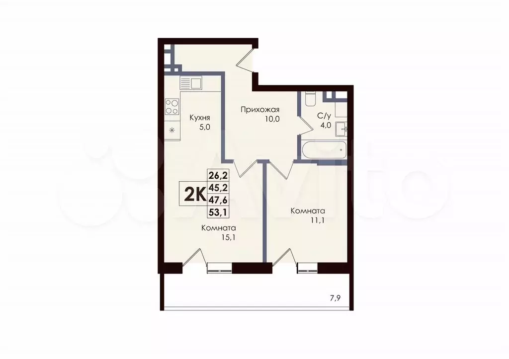 2-к. квартира, 47,6 м, 8/9 эт. - Фото 0
