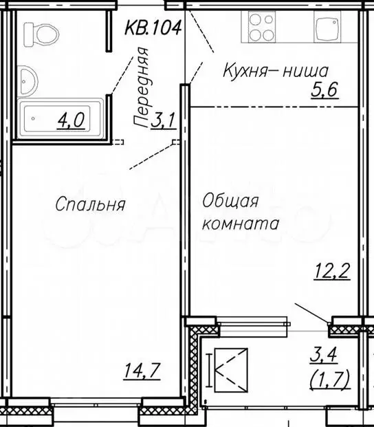 1-к. квартира, 41,3м, 11/17эт. - Фото 1