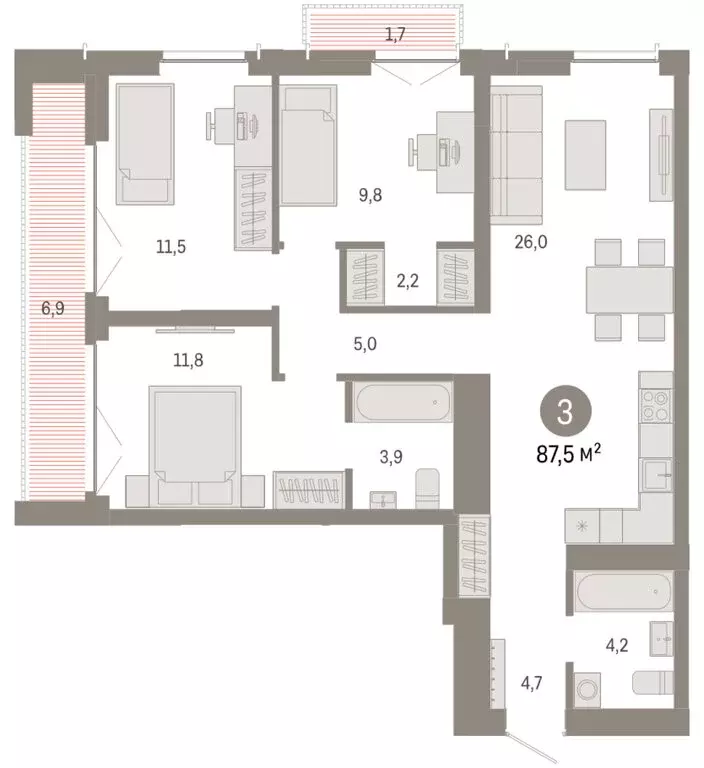 3-комнатная квартира: Новосибирск, Большевистская улица, 66 (87.49 м) - Фото 2