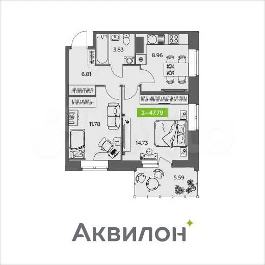 2-к. квартира, 47,8 м, 8/9 эт. - Фото 0