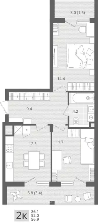 2-к кв. Калининградская область, Пионерский пос. Рыбное,  (56.9 м) - Фото 1