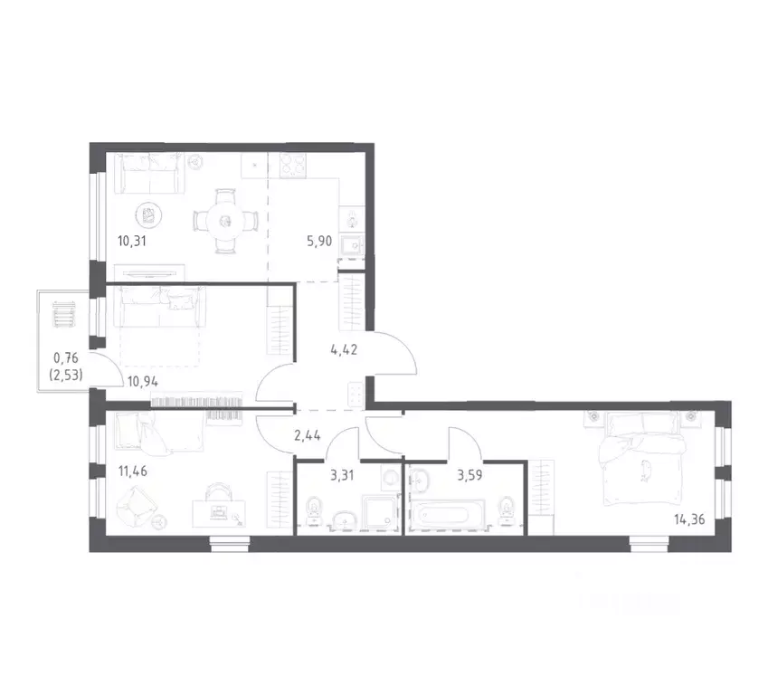3-к кв. Башкортостан, Уфа ул. Рашита Манурова (67.49 м) - Фото 1