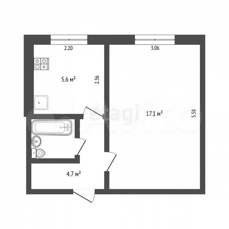 1-к. квартира, 29,9 м, 4/9 эт. - Фото 0