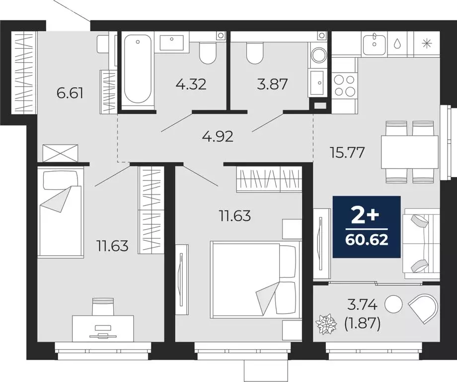 2-комнатная квартира: Тюмень, Арктическая улица, 16 (58.75 м) - Фото 0