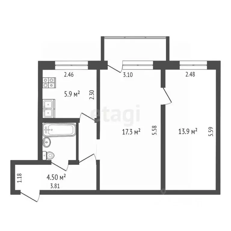 2-к кв. Московская область, Раменское Школьная ул., 4 (45.8 м) - Фото 1