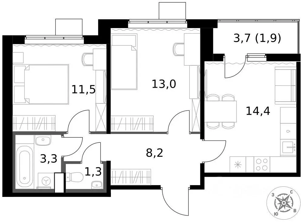 Квартира, 2 комнаты, 53.6 м - Фото 2