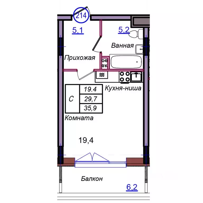 Студия Калининградская область, Светлогорск Балтийская ул. (35.9 м) - Фото 1