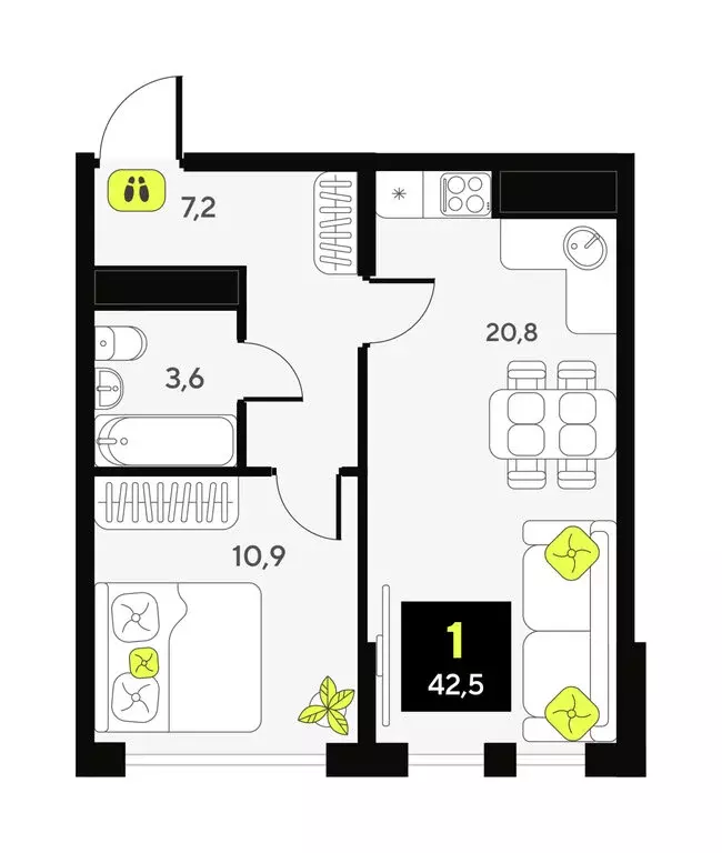 1-комнатная квартира: Тюмень, улица Пожарных и Спасателей, 16 (42.5 м) - Фото 1