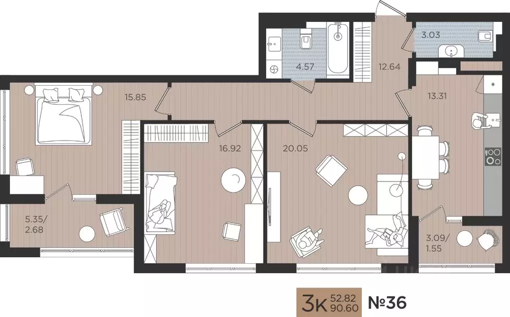 3-к кв. Калининградская область, Калининград Мой Город жилой комплекс ... - Фото 1