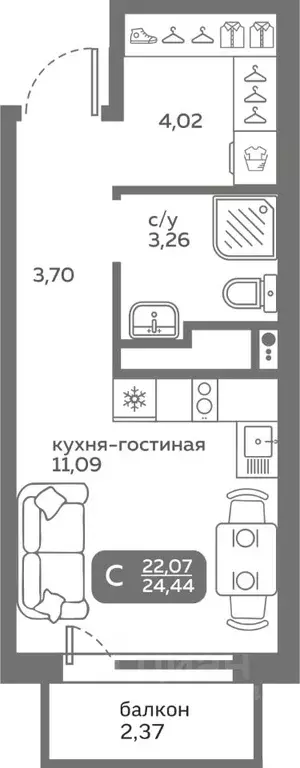 Студия Тюменская область, Тюмень ул. Вадима Бованенко, 10 (22.07 м) - Фото 0