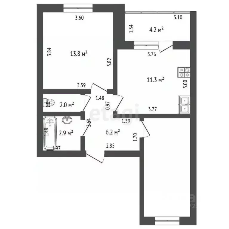 2-к кв. Башкортостан, Стерлитамак ул. Артема, 64 (53.3 м) - Фото 1