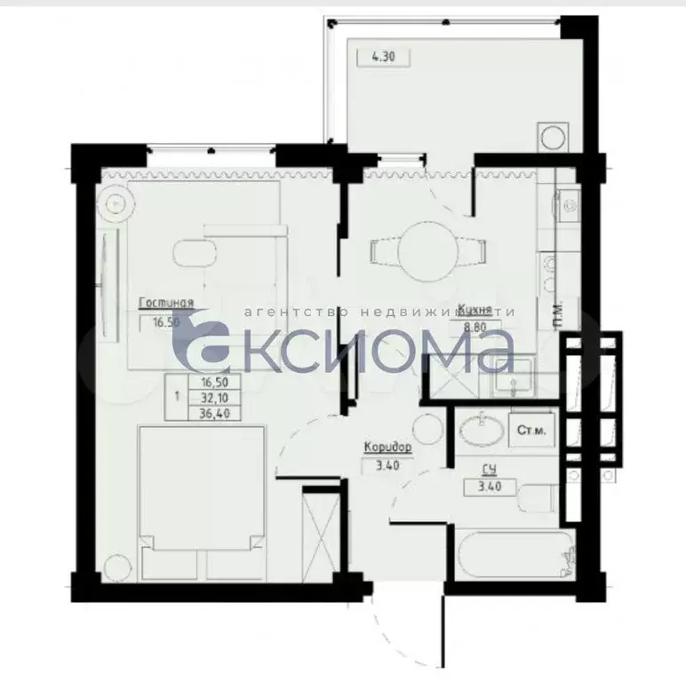 1-к. квартира, 36,4 м, 7/9 эт. - Фото 0