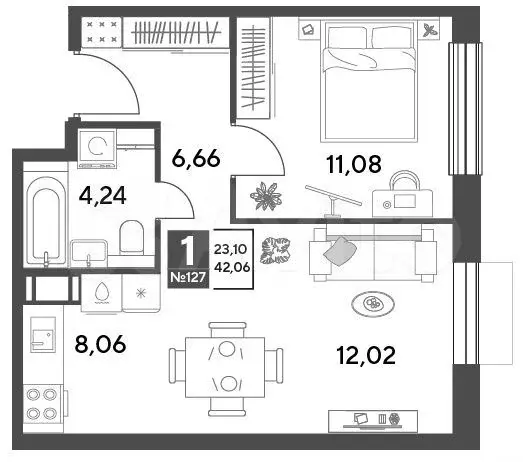 1-к. квартира, 42,1 м, 7/10 эт. - Фото 0