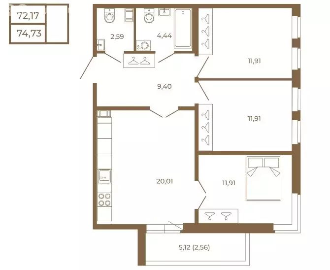 3-комнатная квартира: Сертолово, ЖК Новая История (74.73 м) - Фото 1