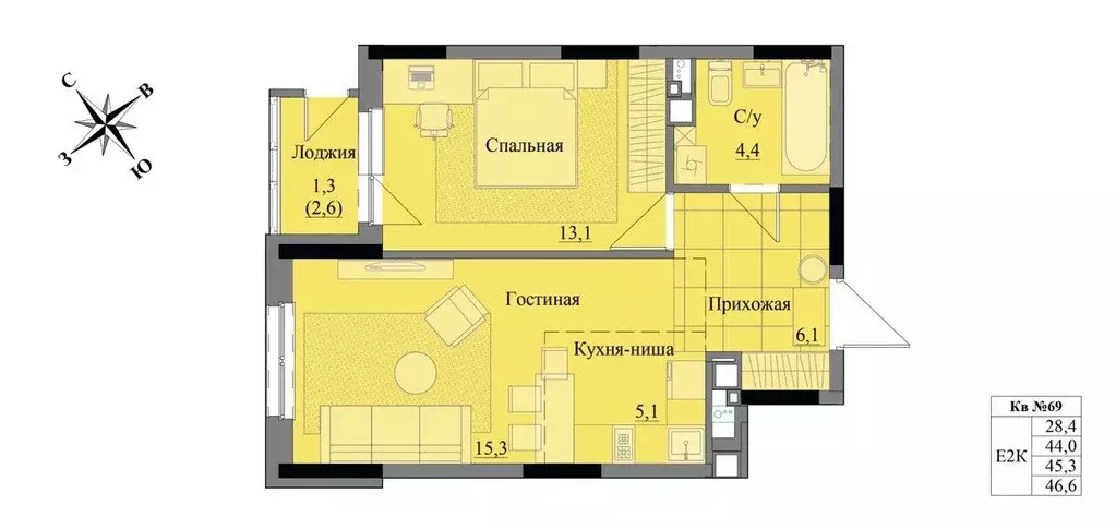 2-к кв. Удмуртия, Ижевск Краски Леса жилой комплекс (45.3 м) - Фото 0