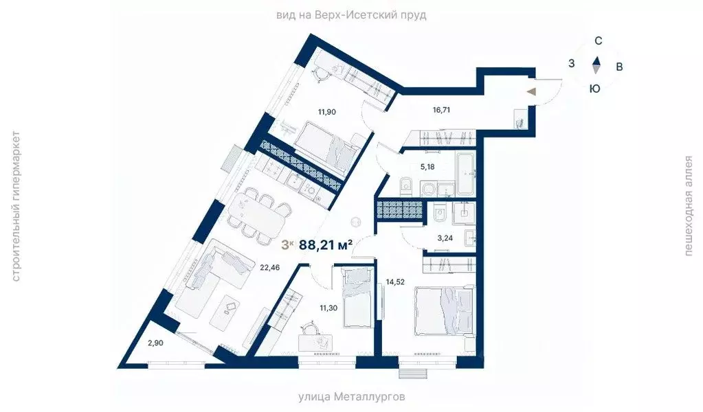 3-к кв. Свердловская область, Екатеринбург ул. Металлургов, 70Е (88.21 ... - Фото 1