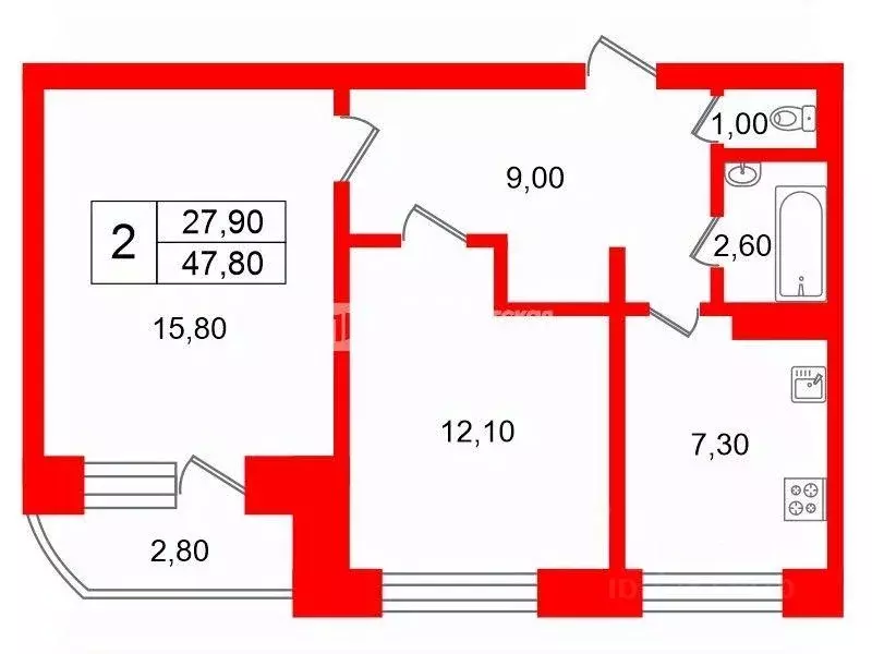 Квартира, 2 комнаты, 47.8 м - Фото 1