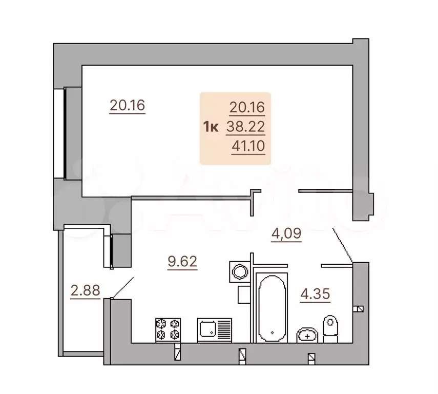 1-к. квартира, 41 м, 3/9 эт. - Фото 0