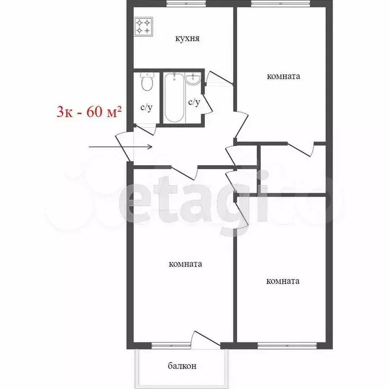 3-к. квартира, 58 м, 3/5 эт. - Фото 0
